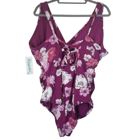Freshwater Floral Print Surplice Lace-Up Back One Piece Swimsuit, Size 3X, NWT - Picture 4 of 11